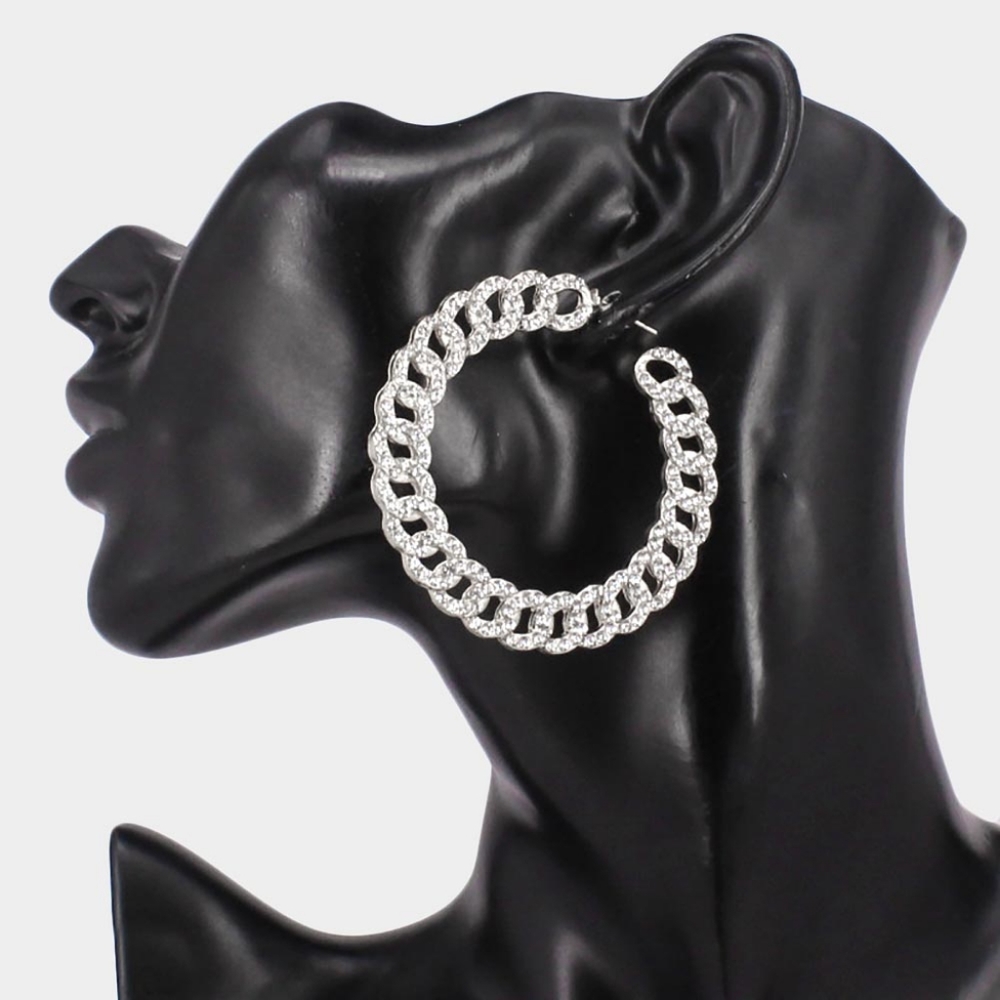 Silver Chain Hoop Earrings 2.25" Rhinestone Crystal Metal Trendy Fashion Jewelry